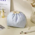 Blue Striped Quilted Drawstring Makeup Bag Cute Cosmetic Pouch Portable Travel Storage Organizer - Drawstring Bag / Double Stripe