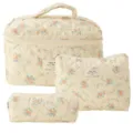 Quilted Floral Cosmetic Bag Set, Three-Piece Makeup Storage Handbag in Light Yellow - Three-Piece Set / Orange Flower on Yellow Background