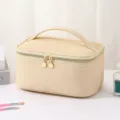 Beige Woven Cosmetic Bag, Large Capacity Travel Toiletry Organizer Pouch with Handle. - Beige Apricot
