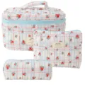 Quilted cosmetic bag set, blue plaid floral travel organizer, portable makeup storage case. - Three-Piece Set / Blue Plaid Red Flower