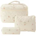 Quilted floral cosmetic bag set, 3-piece portable makeup storage organizer for travel and daily use. - Three-Piece Set / White with Small Floral