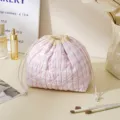 Pink plaid quilted cosmetic bag cute drawstring makeup pouch portable travel storage bag aesthetic - Drawstring Bag / Pink Plaid