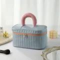 Blue portable cosmetic bag with pink handle, large capacity stylish makeup organizer. - Soda Color-Block Large Blue
