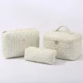 Quilted floral cosmetic bag set, large capacity portable travel makeup storage pouch organizer. - Three-Piece Set / Dotted Little Flower