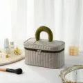 Grey quilted cosmetic bag with green handle, portable large capacity makeup storage case. - Soda Color-Block Large Brown
