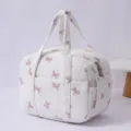 White corduroy lunch bag featuring pink bow pattern, portable zippered handbag for daily use. - Korean Bow