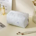 Blue white striped quilted makeup bag cute bow travel cosmetic pouch portable storage bag - Octagon Style / Striped Blue
