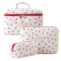 Cute 3-piece quilted cherry cosmetic bag set, large capacity portable makeup storage pouch. - Three-Piece Set / Large Cherry