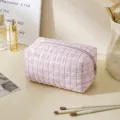 Pink and white plaid quilted cosmetic bag, portable zip makeup pouch for travel storage. - Octagon Style / Pink Plaid