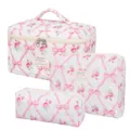 3-Piece Quilted Makeup Bag Set Pink Floral Bow Toiletry Storage Handbag Portable Travel Kit - Three-Piece Set / Pink Bow