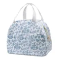 Portable blue floral insulated lunch bag, stylish corduroy bento handbag for daily use. - Corduroy Blue and White