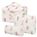Quilted cosmetic bag 3-piece set, large capacity cute bear print travel makeup organizer. - Three-Piece Set / Bear