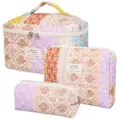 Quilted floral cosmetic bag 3-piece set, large capacity portable travel makeup organizer. - Three-Piece Set / Three-Color Floral