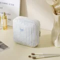 Blue white striped quilted cosmetic bag, cute bow embroidery travel makeup pouch organizer. - Sanitary Napkin Pouches / Striped Blue