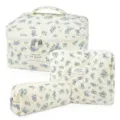 Quilted floral cosmetic bag set of 3, large capacity portable travel makeup organizer. - Three-Piece Set / Blue Gourd