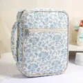 Retro floral quilted book storage bag, large capacity portable book cover with handle. - White with Blue Flowers