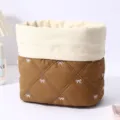 Cute quilted cosmetic bag with white bow embroidery, large capacity brown storage pouch. - Brown White Bow