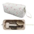 Quilted hair dryer storage bag with pink bow pattern, portable travel cosmetic organizer pouch. - Korean Bow