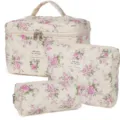 Quilted Floral Cosmetic Bag Set 3-Piece Portable Travel Makeup Organizer Pouch Variant - Three-Piece Set / Pink Flower