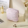 Pink plaid quilted cosmetic bag, cute bow embroidery travel makeup pouch for daily use. - Sanitary Napkin Pouches / Pink Plaid