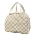 Corduroy insulated lunch bag with checkered pattern, portable tote bag for office or school. - Corduroy Plaid Beige