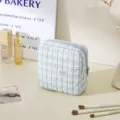 Blue and white plaid quilted cosmetic bag, cute bow embroidery portable storage pouch. - Sanitary Napkin Pouches / Light Blue Plaid