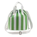 Green and white striped insulated lunch bag featuring a drawstring closure and adjustable shoulder strap. - Green & Beige Stripes