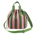 Pink and green striped insulated lunch bag with drawstring closure and shoulder strap. - Pink and Green Striped