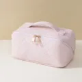 Pink quilted cosmetic bag, large capacity portable makeup organizer, stylish travel pouch. - Sakura Pink