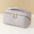 Grey quilted makeup bag, large capacity portable cosmetic pouch with gold zippers. - Gray