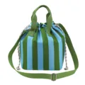 Blue and green vertical striped insulated lunch bag with drawstring and portable strap. - Blue Green Striped