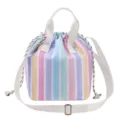 Pastel striped drawstring lunch bag with twin handles and adjustable shoulder strap for daily use. - Rainbow Stripes