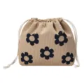 Khaki knitted drawstring pouch with black floral pattern, portable storage bag for daily use. - Sunflower (Black)