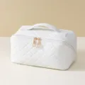 White quilted cosmetic bag, large capacity portable makeup storage pouch for women travel. - Pearl White