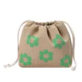 Knit drawstring cosmetic bag, large capacity travel makeup storage pouch, green floral pattern. - Sunflower (Green)