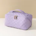 Purple quilted makeup bag, large capacity portable cosmetic organizer with dual zippers. - Light Purple
