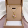 Collar con colgante de flor de circonita giratoria de moda en acero inoxidable mujer. - Estilo Trébol Giratorio (X1039) / Dorado con Circonia de Colores