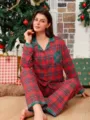 Cozy red and green plaid long sleeve pajama set detail, festive Christmas loungewear for women - S / Top And Bottom / Red Plaid