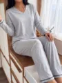 Women long sleeve loungewear set soft knit V-neck casual sleepwear for autumn winter home wear. - S / Top And Bottom / Light Gray