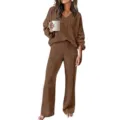 Conjunto de loungewear de punto marrón, top de manga larga con cuello en V y pantalón ancho. - S / Parte Superior e Inferior / Marrón