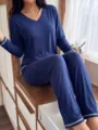 Women long sleeve V neck pajama set soft lounge wear comfortable sleepwear navy blue - S / Top And Bottom / Blue