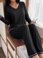 Women's long sleeve long pants pajama set v-neck soft sleepwear home wear apparel detail - S / Top And Bottom / Black