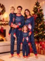 Family matching Christmas pajamas set long sleeve sleepwear for holiday festive wear. - Mom S / Top And Bottom / Navy Blue (S0348)