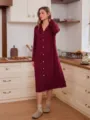 Long sleeve solid color button down nightgown casual loungewear dress for women fall winter - S / Robe / Burgundy