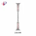 Silver metal watch band compatible with Apple Watch featuring pink square stones and clear crystals. - Self-measured: 18mm / Silver