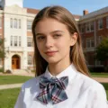 Noeud papillon d'uniforme scolaire carrele JK et chemise blanche detail accessoire - Carreaux Bleu Denim