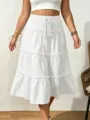 Weißer Stufenmidirock mit elastischem Kordelzugbund und schönen Rüschendetails für Damen. - 1XL / Unterteile / Weiß