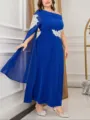 Abito da sera elegante taglie comode blu royal monospalla con dettagli floreali bianchi. - 031 / 0XL