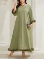 Dettaglio abito lungo verde oliva, con elegante finitura in pelliccia sintetica su polsini. - 0XL / Vestiti / Verde oliva
