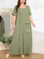 Vista detallada del vestido largo verde oliva de talla grande con borlas y bolsillo. - 4XL / Verde oliva